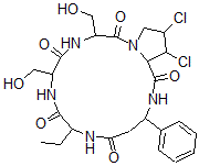 CAS#: 10089-09-5, 17,18-Dichloro-7-ethyldodecahydro-10,13-bis(hydroxymethyl)-3-phenylpyrrolo(2,1-c)(1,4,7,10,13)pentaazacyclohexadecine-1,5,8,11,14(2H)-pentone