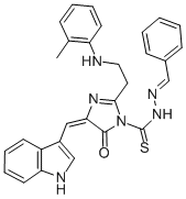 CAS 登录号：109911-97-9， (4E)-4-(1H-吲哚-3-基亚甲基)-2-[2-[(2-甲基苯基)氨基]乙基]-5-氧代-N-(苯基亚甲基氨基)咪唑-1-硫代甲酰胺