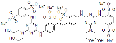 CAS 登录号：114456-70-1， 2,2'-(1,2-乙烯二基)二(5-((4-(二(2-羟基乙基)氨基)-6-((2,5-二磺基苯基)氨基)-1,3,5-三嗪-2-基)氨基)苯磺酸)六钠盐