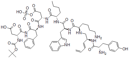 CAS 登录号：115295-08-4， (3R)-4-[[(2S)-2-[[(2S)-2-[[(2S)-2-[[(2S)-2-[[(2R)-6-氨基-2-[[(2S,3E)-2-[[(2S)-2-氨基-3-(4-羟基苯基)丙酰]氨基]己-3,5-二烯基]氨基]己酰]氨基]-3-(1H-吲哚-3-基)丙酰]氨基]己酰]氨基]-4-氧代-4-磺基氧基-丁酰基]氨基]-3-苯基-丙酰]氨基]-3-[(2-甲基丙烷-2-基)氧基羰基氨基]-4-氧代-丁酸