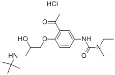 CAS 登录号:125638-91-7, (+)-3-(3-乙酰基-4-(3-(叔丁基氨基)-2-羟基丙氧基)苯基)-1,1-二乙基脲盐酸盐