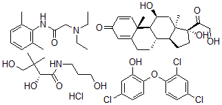 CAS#: 130377-60-5, (11beta)-11,17,21-trihydroxy-Pregna-1,4-diene-3,20-dione mixt. with 5-chloro-2-(2,4-dichlorophenoxy)phenol, 2-(diethylamino)-N-(2,6-dimethylphenyl)acetamide monohydrochloride and (R)-2,4-dihydroxy-N-(3-hydroxypropyl)-3,3-dimethylbutanamide