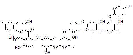 CAS 登录号：130432-93-8， (6R)-1,6,11-三羟基-8-[4-羟基-5-[5-羟基-4-[5-[4-羟基-5-[5-羟基-4-(5-羟基-6-甲基四氢吡喃-2-基)氧基-6-甲基四氢吡喃-2-基]氧基-6-甲基四氢吡喃-2-基]氧基-6-甲基四氢吡喃-2-基]氧基-6-甲基四氢吡喃-2-基]氧基-6-甲基四氢吡喃-2-基]氧基-3-甲基-5,6-二氢苯并[b]菲-7,12-二酮