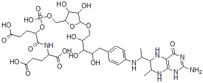 CAS 登录号：137360-17-9， 2-[[2-[[5-[5-[4-[1-(2-氨基-7-甲基-4-氧代-5,6,7,8-四氢-1H-蝶啶-6-基)乙基氨基]苯基]-2,3,4-三羟基戊氧基]-3,4-二羟基四氢呋喃-2-基]甲氧基-羟基磷酰]氧基-5-羟基-5-氧代戊酰]氨基]戊烷二酸