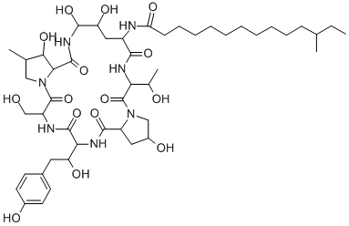 CAS#: 138626-63-8, (2alpha,3beta,4beta)-(4R,5R)-4,5-Dihydroxy-N2-(12-Methyl-1-Oxotetradecyl)-L-Ornithyl-L-Threonyl-trans-4-Hydroxy-L-Prolyl-4-(4-Hydroxyphenyl)-L-Threonyl-L-Seryl-3-Hydroxy-4-Methyl-L-Proline Cyclic (6-1)-Peptide