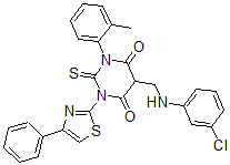 CAS#: 139356-76-6, 5-[[(3-Chlorophenyl)Amino]Methyl]-1-(2-Methylphenyl)-3-(4-Phenyl-1,3-Thiazol-2-Yl)-2-Sulfanylidene-1,3-Diazinane-4,6-Dione