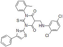 CAS#: 139356-80-2, 5-[[(2,5-Dichlorophenyl)Amino]Methyl]-1-(2-Methylphenyl)-3-(4-Phenyl-1,3-Thiazol-2-Yl)-2-Sulfanylidene-1,3-Diazinane-4,6-Dione