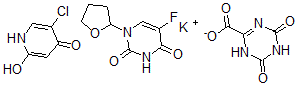CAS#: 150863-82-4, 1,4,5,6-Tetrahydro-4,6-dioxo-1,3,5-triazine-2-carboxylic acid monopotassium salt, mixt. with 5-chloro-4-hydroxy-2(1H)-pyridine and 5-fluoro-1-(tetrahydro-2-furanyl)-2,4(1H,3H)-pyrimidinedione