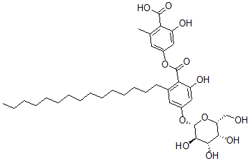 CAS 登录号：153821-50-2， 2-羟基-4-[2-羟基-6-十五烷基-4-[(2S,3R,4S,5R,6R)-3,4,5-三羟基-6-(羟基甲基)四氢吡喃-2-基]氧基苯甲酰基]氧基-6-甲基苯甲酸