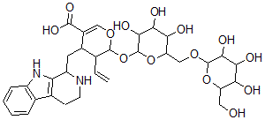 CAS 登录号：156431-08-2， 5-乙烯基-4-(2,3,4,9-四氢-1H-吡啶并[3,4-b]吲哚-1-基甲基)-6-[3,4,5-三羟基-6-[[3,4,5-三羟基-6-(羟基甲基)四氢吡喃-2-基]氧基甲基]四氢吡喃-2-基]氧基-5,6-二氢-4H-吡喃-3-羧酸