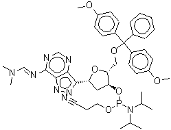 CAS 登录号：178925-41-2， (1R)-1,4-脱水-5-O-[二(4-甲氧基苯基)(苯基)甲基]-3-O-[(2-氰基乙氧基)(二异丙基氨基)膦基]-2-脱氧-1-(7-{(E)-[(二甲基氨基)亚甲基]氨基}-2H-吡唑并[4,3-d]嘧啶-3-基)-D-赤式-戊糖醇