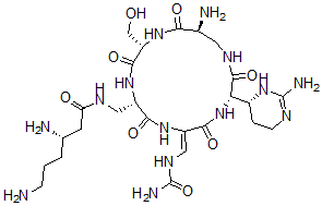 CAS 登录号：37280-35-6， (3S)-3,6-二氨基-N-[[(2S,5S,8Z,11S,15S)-15-氨基-11-[(4R)-2-氨基-3,4,5,6-四氢嘧啶-4-基]-8-[(氨基甲酰氨基)亚甲基]-2-(羟基甲基)-3,6,9,12,16-五氧代-1,4,7,10,13-五氮杂环十六烷-5-基]甲基]己酰胺