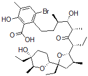 CAS 登录号：38784-08-6， 3-溴-2-[(3R,4S,5S,7R)-7-[(2S,3S,5S)-5-乙基-5-[(2R,5R,6S)-5-乙基-5-羟基-6-甲基四氢吡喃-2-基]-3-甲基四氢呋喃-2-基]-4-羟基-3,5-二甲基-6-氧代壬基]-6-羟基-5-甲基苯甲酸
