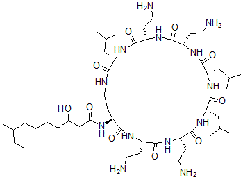 CAS#: 39342-08-0, 3-Hydroxy-8-Methyl-N-[(3S,6S,9S,12S,15S,18S,21S,24S)-6,9,18,21-Tetrakis(2-Aminoethyl)-3,12,15-Tris(2-Methylpropyl)-2,5,8,11,14,17,20,23-Octaoxo-1,4,7,10,13,16,19,22-Octazacyclohexacos-24-Yl]Decanamide