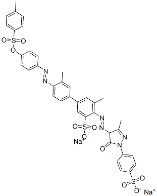 CAS 登录号：55698-26-5， 4-[[4,5-二氢-3-甲基-5-氧代-1-(4-磺酸基苯基)-1H-吡唑-4-基]偶氮]-3',5-二甲基-4'-[[4-[[(4-甲基苯基)磺酰基]氧基]苯基]偶氮][1,1'-联苯]-3-磺酸二钠