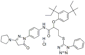 CAS#: 63059-50-7, 2-[2,4-Bis(Tert-Pentyl)Phenoxy]-N-[4-[4,5-Dihydro-5-Oxo-3-(Pyrrolidin-1-Yl)-1H-Pyrazol-1-Yl]Phenyl]-4-[(1-Phenyl-1H-Tetrazol-5-Yl)Thio]Butyramide Monohydrochloride