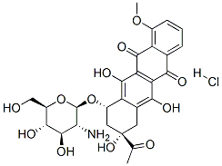 CAS 登录号:64397-29-1, (8S-顺式)-8-乙酰基-10-((2-氨基-2-脱氧-beta-D-吡喃葡萄糖基)氧基)-7,8,9,10-四氢-6,8,11-三羟基 -1-甲氧基-5,12-萘并萘二酮盐酸盐