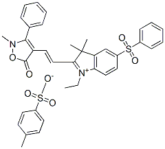 CAS#: 70714-82-8, 2-(2-(2,5-Dihydro-2-methyl-5-oxo-3-phenylisoxazol-4-yl)vinyl)-1-ethyl-3,3-dimethyl-5-(phenylsulphonyl)-3H-indolium toluene-p-sulphonate