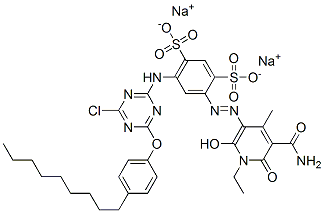 CAS#: 71002-15-8, Disodium 4-[[5-(Aminocarbonyl)-1-Ethyl-1,6-Dihydro-2-Hydroxy-4-Methyl-6-Oxopyridin-3-Yl]Azo]-6-[[4-Chloro-6-(4-Nonylphenoxy)-1,3,5-Triazin-2-Yl]Amino]Benzene-1,3-Disulphonate