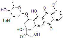 CAS 登录号:71800-89-0, (8S,10S)-10-(3-氨基-2,3,6-三脱氧-alpha-L-来苏-己糖吡喃糖苷)氧基-7,8,9,10-四氢-8,11-二羟基-8-(羟基乙酰基)-1-甲氧基-5,12-并四苯醌