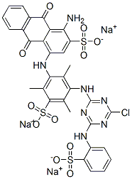 CAS 登录号：72214-18-7， 1-氨基-4-[[3-[[4-氯-6-[(磺酸基苯基)氨基]-1,3,5-三嗪-2-基]氨基]-2,4,6-三甲基-5-磺酸基苯基]氨基]-9,10-二氢-9,10-二氧代蒽-2-磺酸三钠