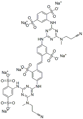 CAS 登录号：72727-73-2， 2,2'-[1,2-乙烯二基二[(3-磺基-4,1-亚苯基)亚氨基[6-[(2-氰基乙基)甲基氨基]-1,3,5-三嗪-4,2-二基]亚氨基]]二-1,4-苯二磺酸钠盐(1:6)