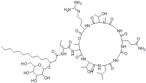 CAS 登录号：74188-23-1， N-[(E)-1-[[12-(3-氨基-3-氧代丙基)-3-[3-(二氨基亚甲基氨基)丙基]-6,21-二(1-羟基乙基)-7,25-二甲基-18-(2-甲基丙基)-2,5,8,11,14,17,20,23-八氧代-1-氧杂-4,7,10,13,16,19,22-七氮杂环二十五烷-24-基]氨基]-1-氧代丁-2-烯-2-基]-3-[3,4,5-三羟基-6-(羟基甲基)四氢吡喃-2-基]氧基十四烷酰胺