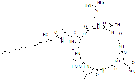 CAS#: 74188-24-2, N-[(Z)-1-[[12-(3-Amino-3-Oxopropyl)-3-[3-(Diaminomethylideneamino)Propyl]-6,21-Bis(1-Hydroxyethyl)-7,25-Dimethyl-18-(2-Methylpropyl)-2,5,8,11,14,17,20,23-Octaoxo-1-Oxa-4,7,10,13,16,19,22-Heptazacyclopentacos-24-Yl]Amino]-1-Oxobut-2-En-2-Yl]-3-Hydroxytetradecanamide