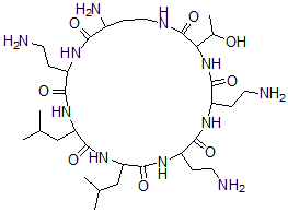 CAS 登录号:75748-25-3, 21-氨基-6,9,18-三(2-氨基乙基)-3-(1-羟基乙基)-12,15-二(2-甲基丙基)-1,4,7,10,13,16,19-七氮杂环二十三烷-2,5,8,11,14,17,20-七酮