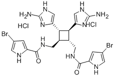 CAS 登录号：79703-25-6， N-[[(1R,2S,3S,4R)-2,3-二(2-氨基-3H-咪唑-4-基)-4-[[(4-溴1h-吡咯-2-羰基)氨基]甲基]环丁基]甲基]-4-溴-1H-吡咯-2-甲酰胺二盐酸盐