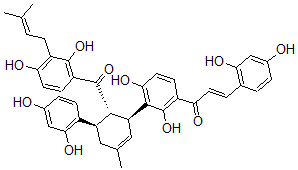 CAS 登录号:81381-68-2, (2E)-1-(3-((1S,5R,6S)-6-(2,4-二羟基-3-(3-甲基-2-丁烯基)苯甲酰基)-5-(2,4-二羟基苯基)-3-甲基-2-环己烯-1-基)-2,4-二羟基苯基)-3-(2,4-二羟基苯基)-2-丙烯-1-酮