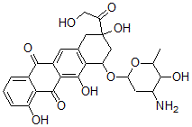 CAS 登录号:81382-05-0, (8S,10S)-10-(3-氨基-2,3,6-三脱氧-alpha-L-来苏-己糖吡喃糖苷)氧基-7,8,9,10-四氢-1,8,11-三羟基-8-(羟基乙酰基)-5,12-并四苯醌