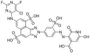 CAS 登录号：89182-94-5， 5-[2-[4-[7-[(5-氯-2,6-二氟-4-嘧啶基)氨基]-5,9-二磺基-2H-萘并[1,2-d]三唑-2-基]-2-磺基苯基]偶氮]-1,2-二氢-6-羟基-2-氧代-4-吡啶羧酸
