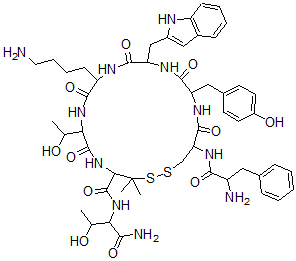 CAS 登录号：96384-03-1， 苯基甘氨酰-环(半胱氨酰-酪氨酰色氨酰-赖氨酰-苏氨酰-青霉胺)苏氨酰胺