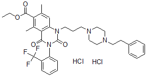 CAS#: 99661-28-6, 5,7-Dimethyl-2,4-dioxo-1-[3-(4-phenethyl-1-piperazinyl)propyl]-3-[2-(trifluoromethyl)phenyl]-6-quinazolinecarboxylic acid ethyl ester dihydrochloride