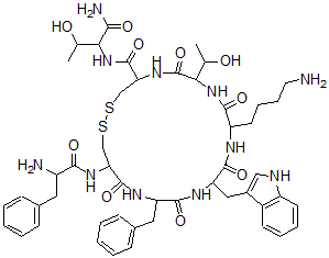 CAS 登录号:99685-66-2, D-苯甘氨酰-L-半胱氨酰-L-苯甘氨酰-D-色氨酰-L-赖氨酰-L-苏氨酰-L-半胱氨酰-L-苏氨酰胺 环 (2-7)-二硫醚