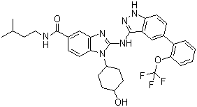 CAS 登录号：1012104-68-5, IRAK 抑制剂 4, 1-(4-羟基环己基)-2-[[5-(2-三氟甲氧基苯基)-1H-吲唑-3-基]氨基]-1H-苯并咪唑-5-羧酸 (3-甲基丁基)酰胺