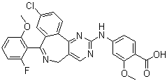 structure of CAS# 1028486-01-2, 4-[[9-Chloro-7-(2-fluoro-6-methoxyphenyl)-5H-pyrimido[5,4-d][2]benzazepin-2-yl]amino]-2-methoxybenzoic acid