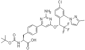 structure of CAS# 1033805-27-4, 4-[2-氨基-6-[(1R)-1-[4-氯-2-(3-甲基-1H-吡唑-1-基)苯基]-2,2,2-三氟乙氧基]-4-嘧啶基]-N-[(1,1-二甲基乙氧基)羰基]-L-苯丙氨酸