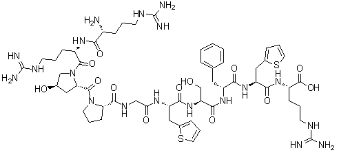 CAS # 103412-36-8, N2-[N-[N-[N-[N-[N-[1-[1-(N2-D-Arginyl-L-arginyl)-trans-4-hydroxy-L-prolyl]-L-prolyl]glycyl]-3-(2-thienyl)-L-alanyl]-L-seryl]-D-phenylalanyl]-3-(2-thienyl)-L-alanyl]-L-arginine, B 3816