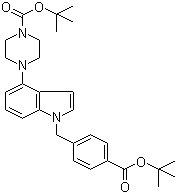 structure of CAS# 1044764-11-5, 4-[1-[[4-[叔丁氧羰基]苯基]甲基]-1H-吲哚-4-基]-1-哌嗪羧酸叔丁酯
