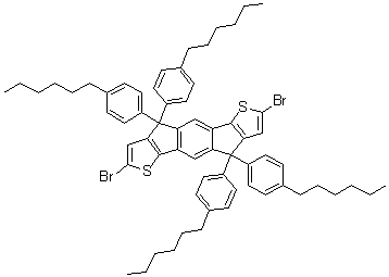 structure of CAS# 1049034-71-0, 2,7-Dibromo-4,4,9,9-tetrakis(4-hexylphenyl)-4,9-dihydro-s-indaceno[1,2-b:5,6-b']dithiophene