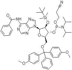 structure of CAS# 104992-55-4, N-苯甲酰基-5'-O-(4,4-二甲氧基三苯甲基)-2'-O-[(叔丁基)二甲基硅基]腺苷-3'-(2-氰基乙基-N,N-二异丙基)亚磷酰胺
