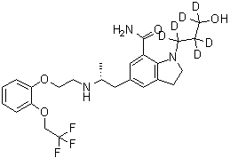 CAS # 1051374-52-7, 2,3-Dihydro-1-(3-hydroxypropyl-1,1,2,2,3,3-d<sub>6</sub>)-5-[(2R)-2-[[2-[2-(2,2,2-trifluoroethoxy)phenoxy]ethyl]amino]propyl]-1H-indole-7-carboxamide