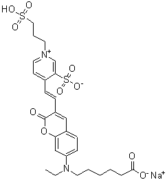 CAS 登录号：1071838-34-0, 4-[2-[7-[(5-羧基戊基)乙基氨基]-2-氧代-2H-1-苯并吡喃-3-基]乙烯基]-3-磺基-1-(3-磺基丙基)吡啶鎓内盐钠盐