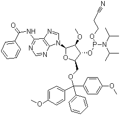 structure of CAS# 110782-31-5, N-苯甲酰基-5'-O-(4,4-二甲氧基三苯甲基)-2'-O-甲基腺苷-3'-(2-氰基乙基-N,N-二异丙基)亚磷酰胺