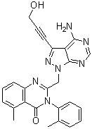 CAS 登录号：1133837-50-9, 2-[[4-氨基-3-(3-羟基-1-丙炔-1-基)-1H-吡唑并[3,4-d]嘧啶-1-基]甲基]-5-甲基-3-(2-甲基苯基)-4(3H)-喹唑啉酮