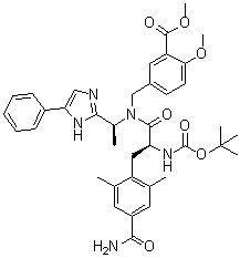 structure of CAS# 1137026-67-5, 5-[[[(2S)-3-[4-(Aminocarbonyl)-2,6-dimethylphenyl]-2-[[(1,1-dimethylethoxy)carbonyl]amino]-1-oxopropyl][(1S)-1-(5-phenyl-1H-imidazol-2-yl)ethyl]amino]methyl]-2-methoxybenzoic acid methyl ester