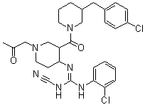 CAS 登录号：1144899-77-3, N-(2-氯苯基)-N''-[3-[[3-[(4-氯苯基)甲基]-1-哌啶基]羰基]-1-(2-氧代丙基)-4-哌啶基]-N'-氰基胍