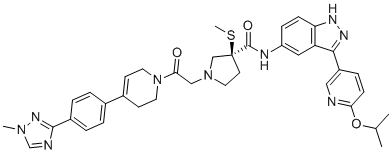 structure of CAS# 1184173-73-6, (3S)-3-methylsulfanyl-1-[2-[4-[4-(1-methyl-1,2,4-triazol-3-yl)phenyl]-3,6-dihydro-2H-pyridin-1-yl]-2-oxoethyl]-N-[3-(6-propan-2-yloxypyridin-3-yl)-1H-indazol-5-yl]pyrrolidine-3-carboxamide